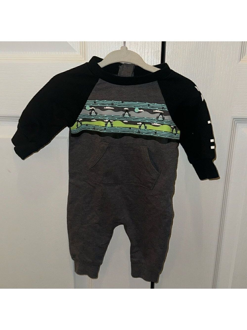 Hurley Grey Black Ribbed Cuffs Long Sleeve Baby Coverall
